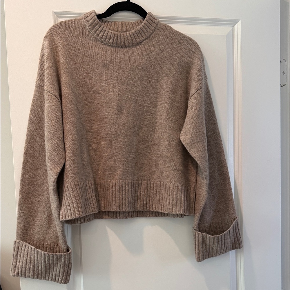 Women's Ribbed Cowl-Neck Sweater in Taupe